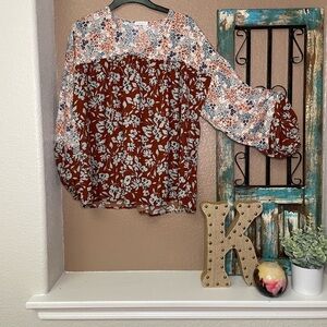 Chic Soul Floral Blouse - Brown and White